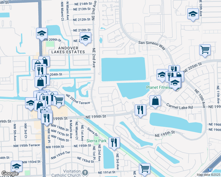 map of restaurants, bars, coffee shops, grocery stores, and more near 20105 Northeast 2nd Court in Miami