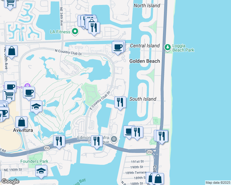 map of restaurants, bars, coffee shops, grocery stores, and more near 3780 Northeast 199th Terrace in Aventura