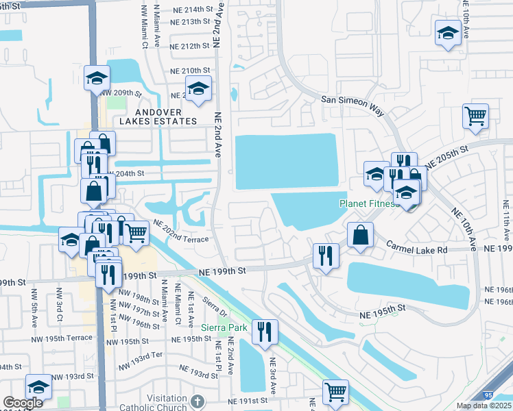 map of restaurants, bars, coffee shops, grocery stores, and more near 20105 Northeast 2nd Court in Miami