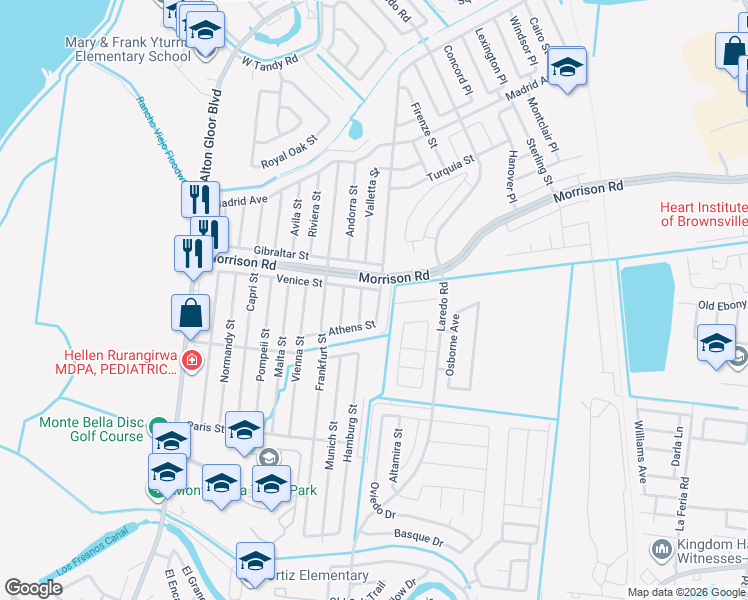 map of restaurants, bars, coffee shops, grocery stores, and more near 2415 Athens in Brownsville