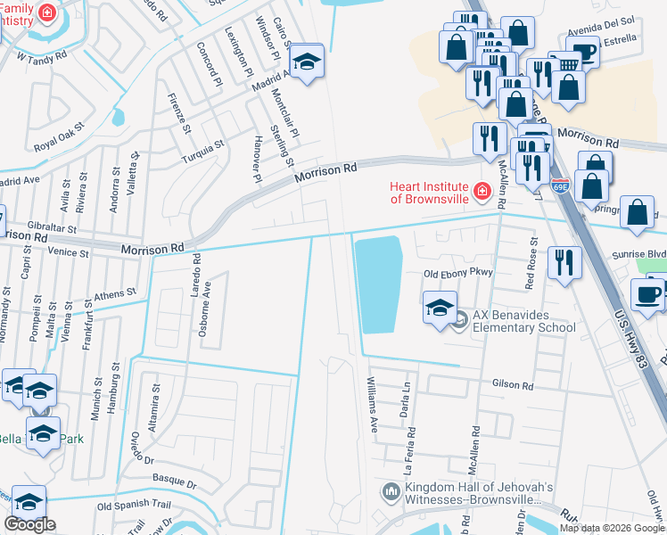 map of restaurants, bars, coffee shops, grocery stores, and more near Sedona Place in Brownsville