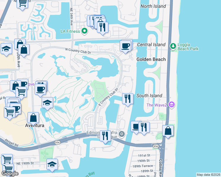 map of restaurants, bars, coffee shops, grocery stores, and more near 19900 East Country Club Drive in Aventura