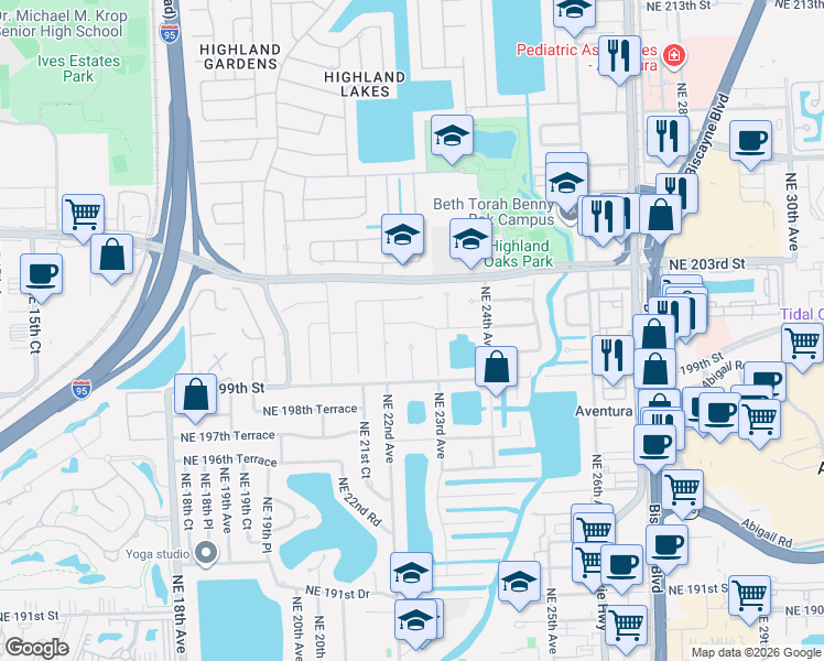 map of restaurants, bars, coffee shops, grocery stores, and more near 2220 Northeast 202nd Street in Miami