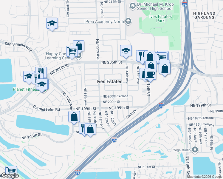 map of restaurants, bars, coffee shops, grocery stores, and more near in Ives Estates