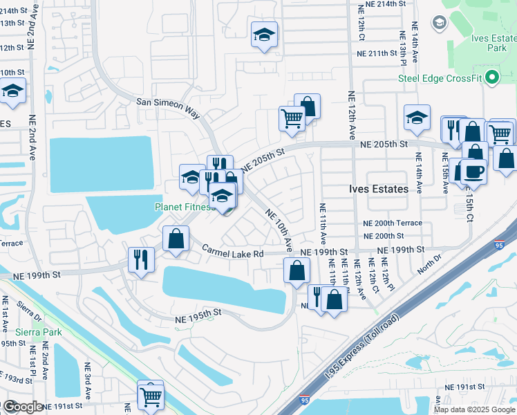 map of restaurants, bars, coffee shops, grocery stores, and more near 20346 Northeast 10th Court Road in Miami