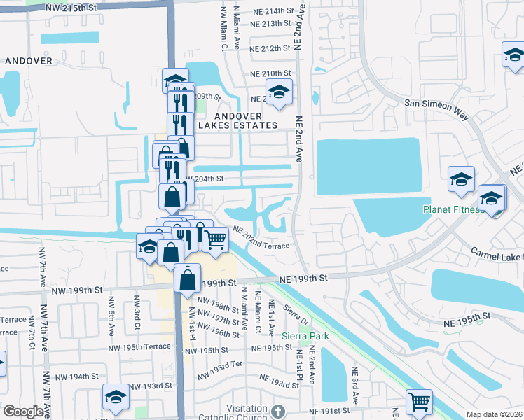 map of restaurants, bars, coffee shops, grocery stores, and more near 32 Northeast 203rd Terrace in Miami Gardens