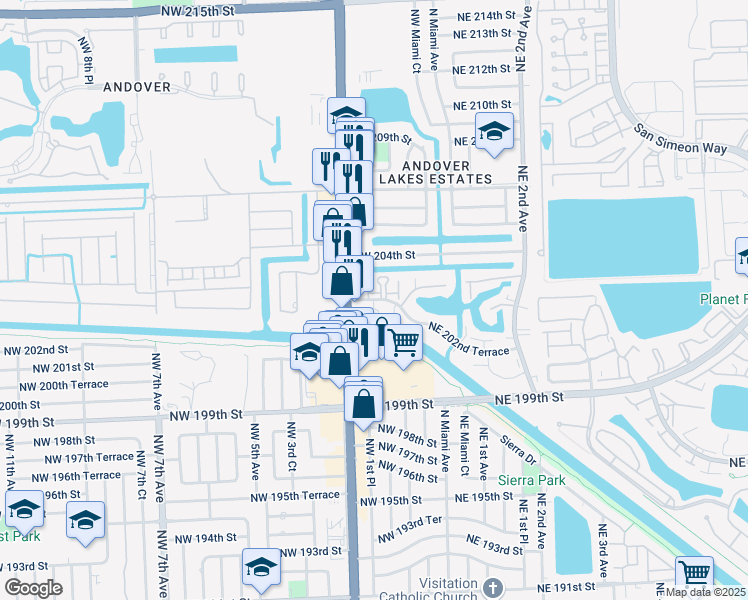 map of restaurants, bars, coffee shops, grocery stores, and more near 119 Northwest 202nd Terrace in Miami Gardens