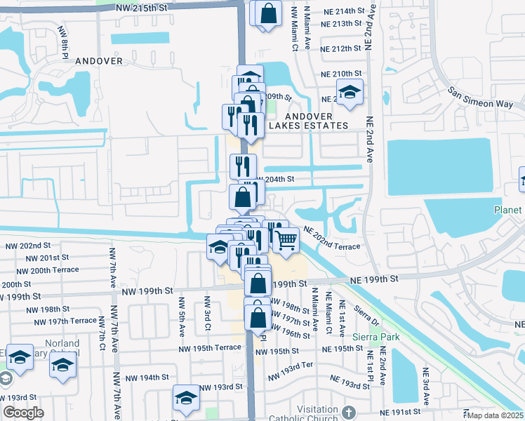map of restaurants, bars, coffee shops, grocery stores, and more near 119 Northwest 202nd Terrace in Miami Gardens