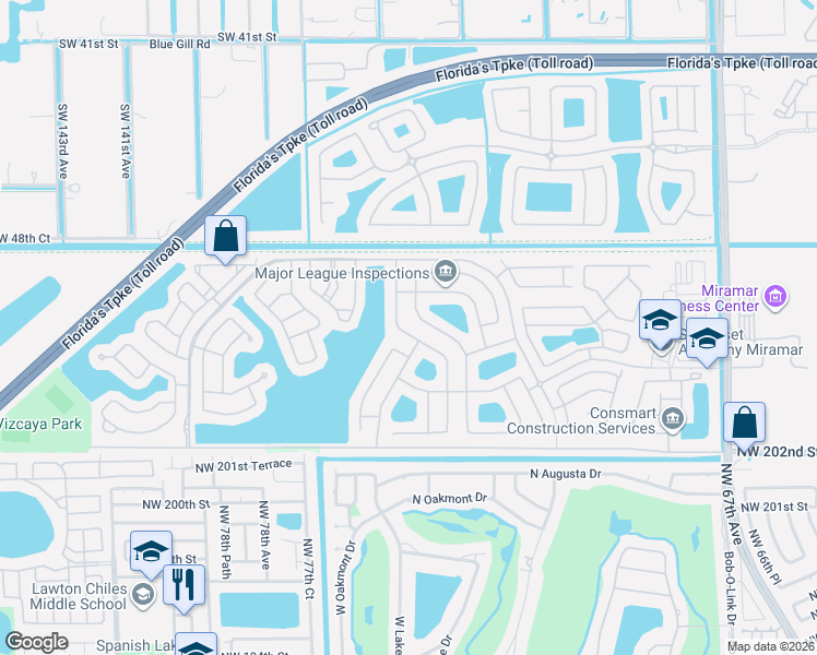 map of restaurants, bars, coffee shops, grocery stores, and more near 5049 Southwest 134th Avenue in Miramar