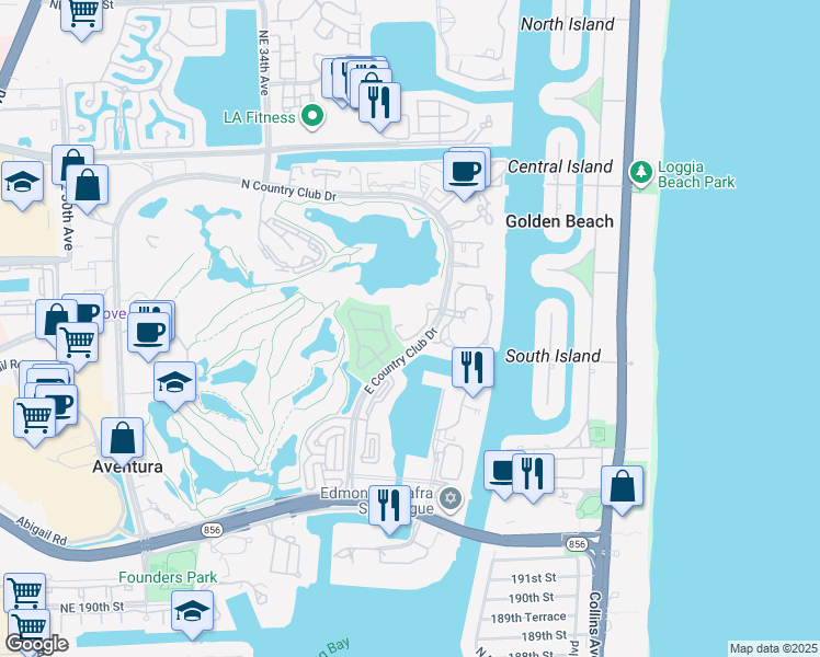 map of restaurants, bars, coffee shops, grocery stores, and more near 19900 East Country Club Drive in Aventura