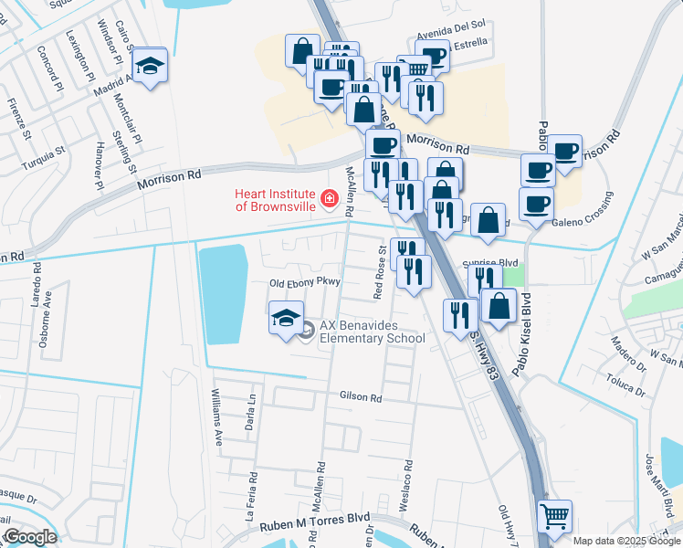 map of restaurants, bars, coffee shops, grocery stores, and more near 3101 McAllen Road in Brownsville
