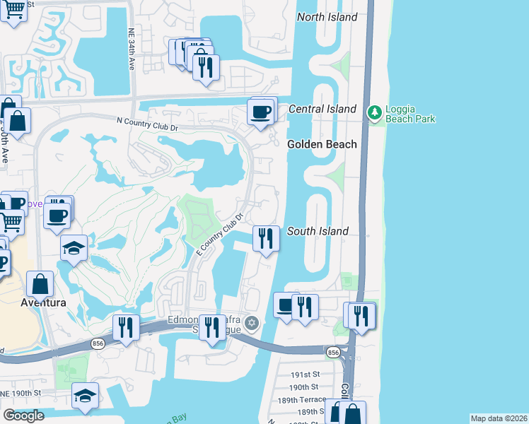 map of restaurants, bars, coffee shops, grocery stores, and more near 19955 Northeast 38th Court in Aventura