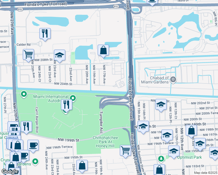 map of restaurants, bars, coffee shops, grocery stores, and more near 1706 Northwest 204th Street in Miami Gardens