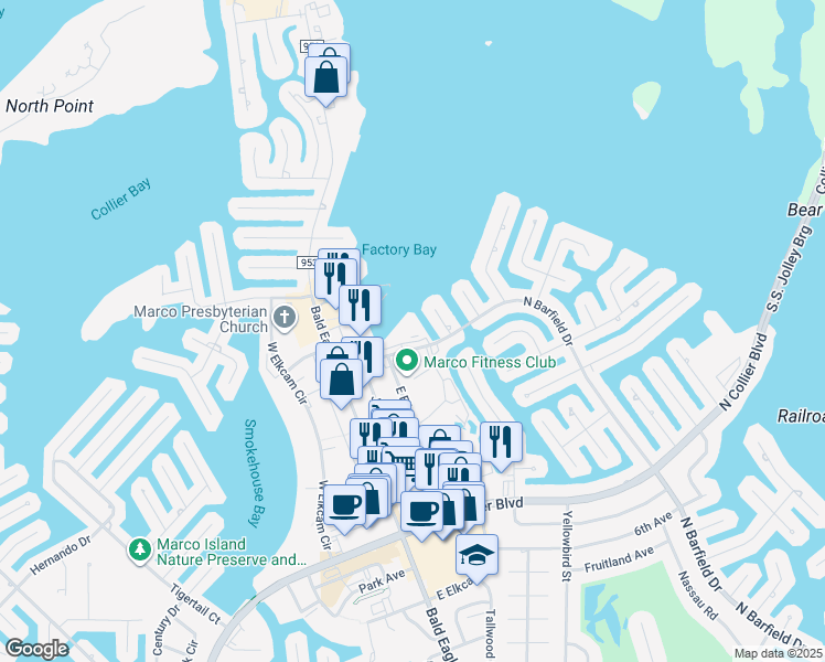 map of restaurants, bars, coffee shops, grocery stores, and more near 991 North Barfield Drive in Marco Island