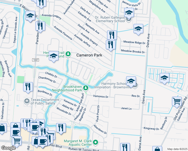 map of restaurants, bars, coffee shops, grocery stores, and more near 3194 Calle Argentina in Brownsville