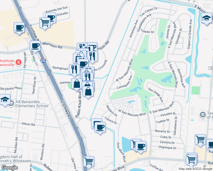 map of restaurants, bars, coffee shops, grocery stores, and more near 4-14 Coahuila Court in Brownsville
