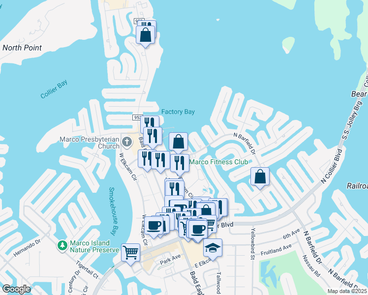 map of restaurants, bars, coffee shops, grocery stores, and more near 991 North Barfield Drive in Marco Island