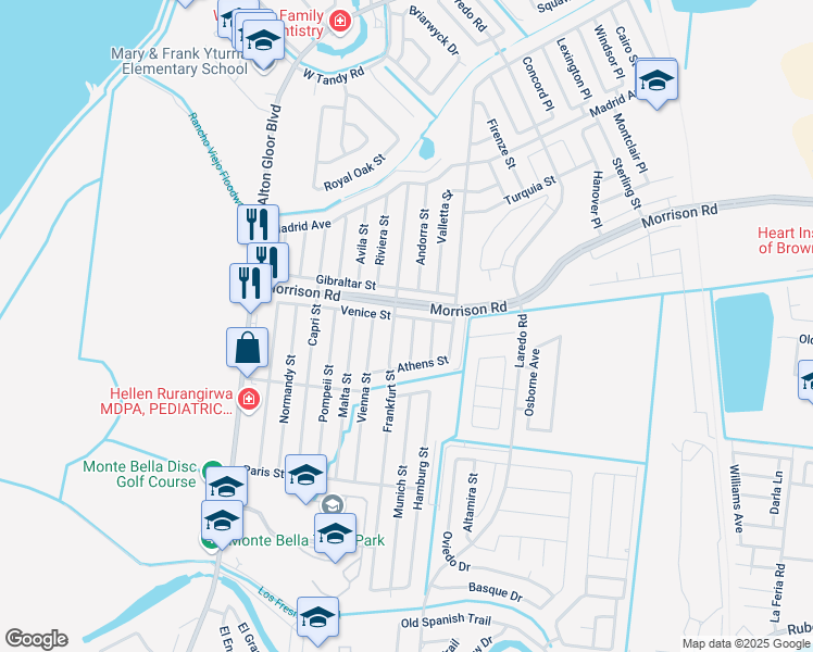 map of restaurants, bars, coffee shops, grocery stores, and more near 2500 Venice Street in Brownsville