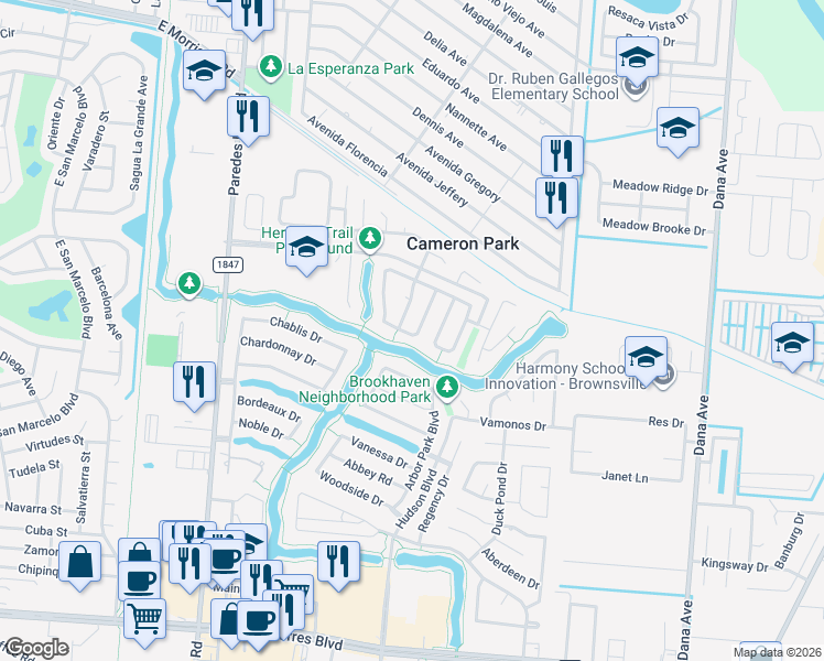 map of restaurants, bars, coffee shops, grocery stores, and more near 3541 Brasilia Drive in Brownsville