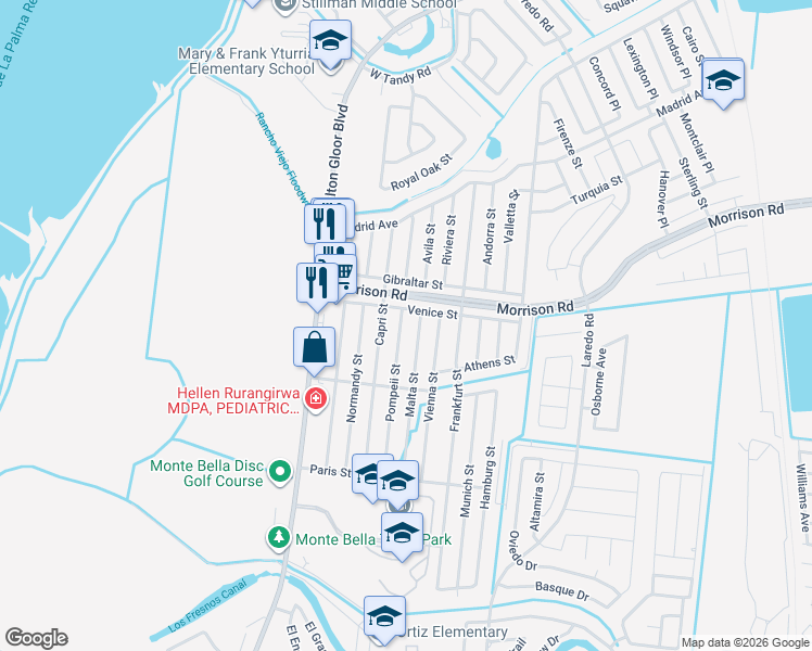 map of restaurants, bars, coffee shops, grocery stores, and more near 2651 Pompeii Street in Brownsville
