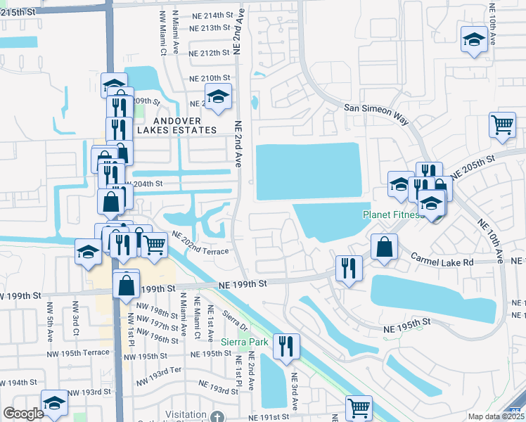 map of restaurants, bars, coffee shops, grocery stores, and more near 20310 Northeast 3rd Court in North Miami Beach