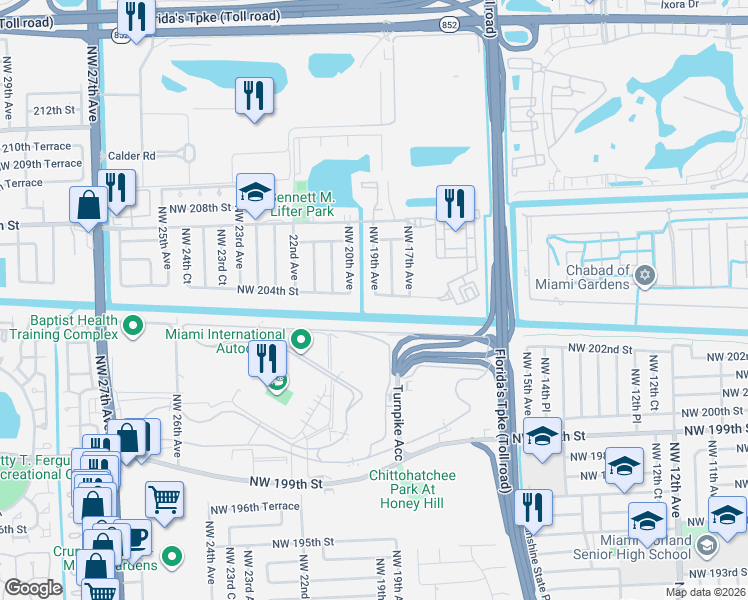 map of restaurants, bars, coffee shops, grocery stores, and more near 20424 Northwest 19th Avenue in Miami Gardens