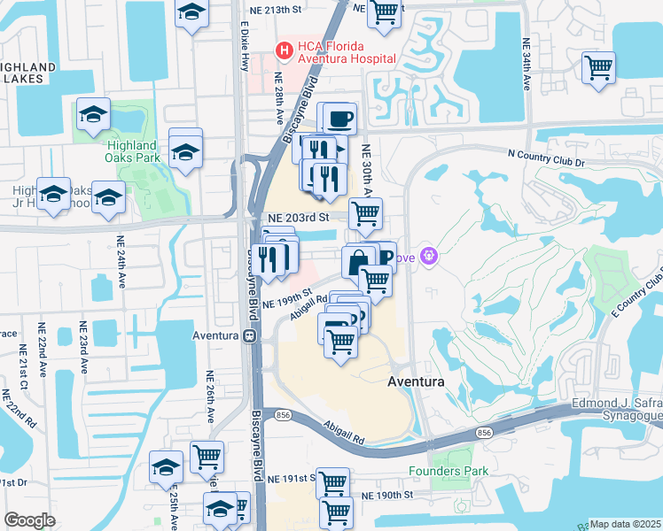 map of restaurants, bars, coffee shops, grocery stores, and more near 2820 Northeast 201st Terrace in Aventura