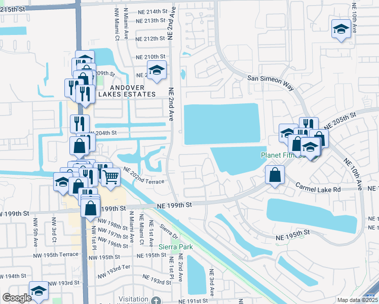 map of restaurants, bars, coffee shops, grocery stores, and more near 20310 Northeast 3rd Court in North Miami Beach