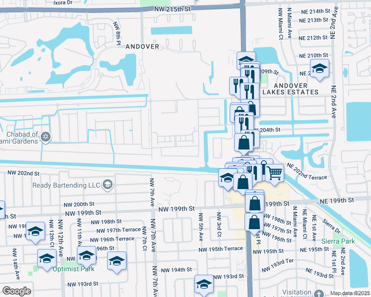 map of restaurants, bars, coffee shops, grocery stores, and more near 440 Northwest 203rd Street in Miami