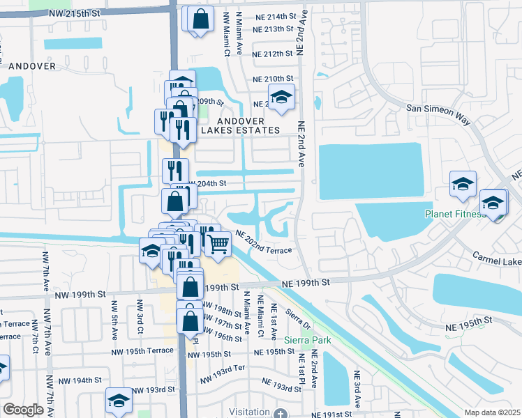 map of restaurants, bars, coffee shops, grocery stores, and more near 32 Northeast 203rd Terrace in Miami Gardens