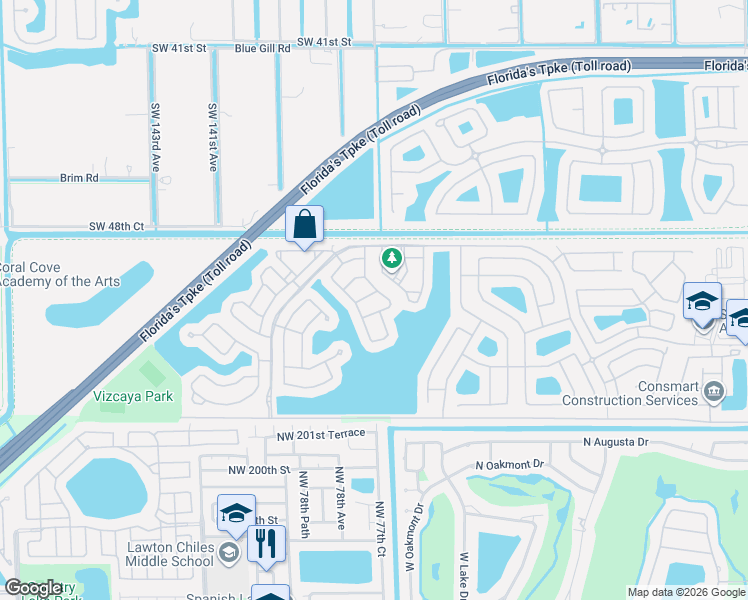 map of restaurants, bars, coffee shops, grocery stores, and more near 13705 Southwest 50th Court in Miramar