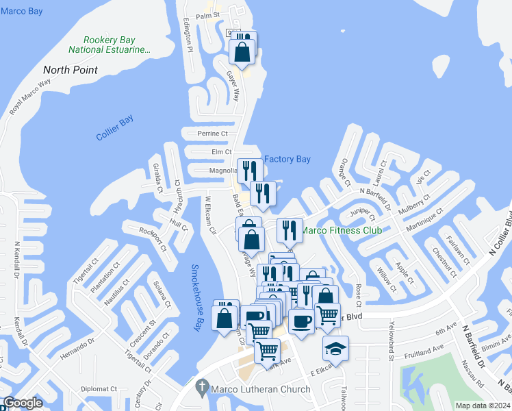 map of restaurants, bars, coffee shops, grocery stores, and more near 1027 Anglers Cove in Marco Island