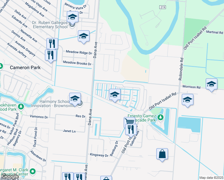 map of restaurants, bars, coffee shops, grocery stores, and more near Gulf Lane in Brownsville
