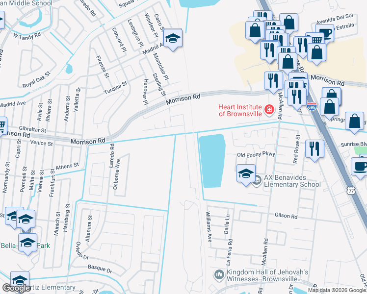 map of restaurants, bars, coffee shops, grocery stores, and more near Sedona Place in Brownsville