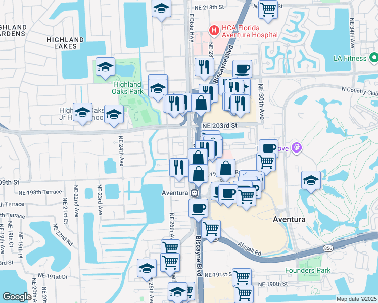 map of restaurants, bars, coffee shops, grocery stores, and more near 20160 West Dixie Highway in Miami
