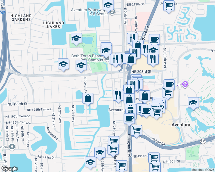 map of restaurants, bars, coffee shops, grocery stores, and more near 2565 Northeast 201st Street in Miami