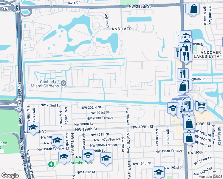 map of restaurants, bars, coffee shops, grocery stores, and more near 20403 Northwest 8th Avenue in Miami Gardens