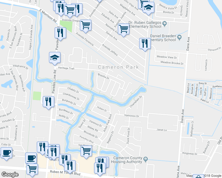 map of restaurants, bars, coffee shops, grocery stores, and more near 3042 Montevideo Drive in Brownsville