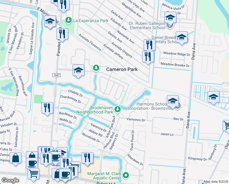 map of restaurants, bars, coffee shops, grocery stores, and more near 3024 Montevideo Drive in Brownsville