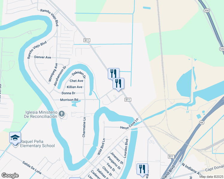 map of restaurants, bars, coffee shops, grocery stores, and more near 4298 Farm to Market Road 511 in Brownsville