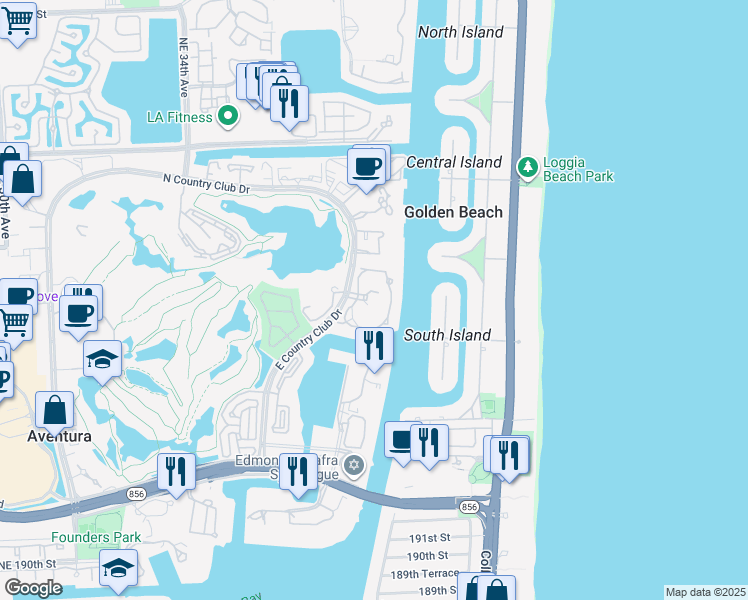 map of restaurants, bars, coffee shops, grocery stores, and more near 20105 Northeast 38th Court in Aventura