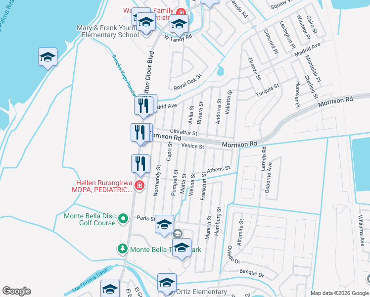 map of restaurants, bars, coffee shops, grocery stores, and more near 2651 Pompeii Street in Brownsville
