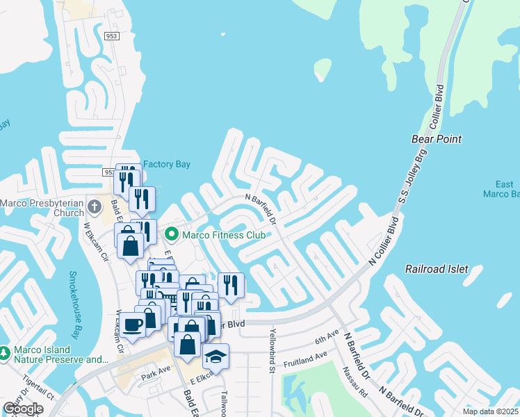map of restaurants, bars, coffee shops, grocery stores, and more near 912 North Barfield Drive in Marco Island