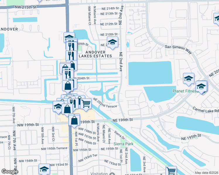 map of restaurants, bars, coffee shops, grocery stores, and more near 32 Northeast 203rd Terrace in Miami Gardens