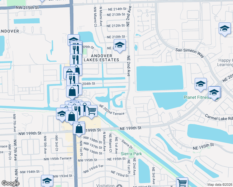 map of restaurants, bars, coffee shops, grocery stores, and more near 32 Northeast 203rd Terrace in Miami Gardens