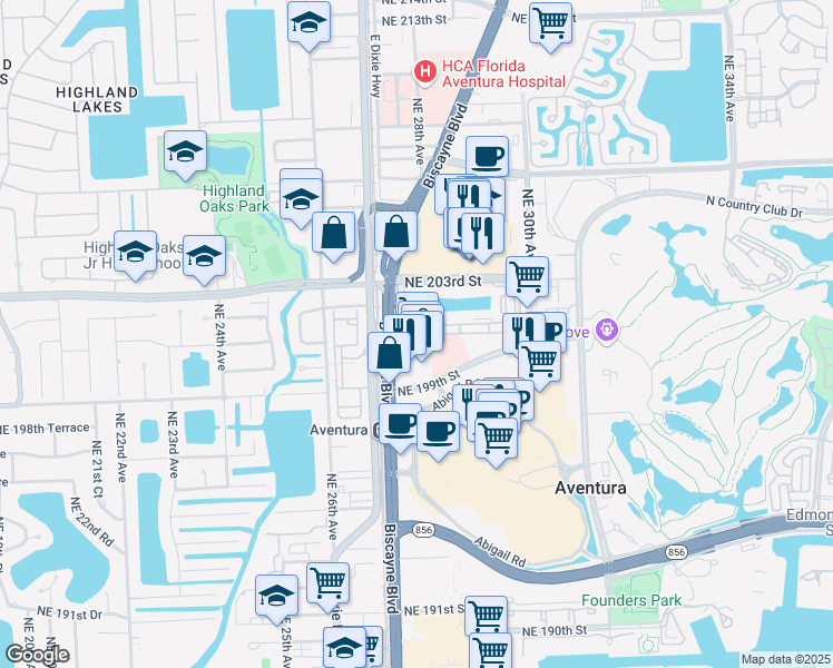 map of restaurants, bars, coffee shops, grocery stores, and more near 20099 Biscayne Boulevard in Aventura