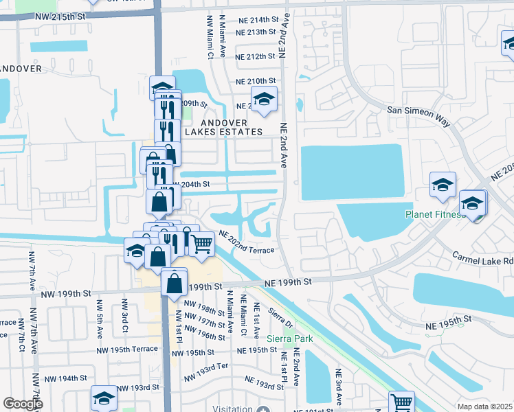 map of restaurants, bars, coffee shops, grocery stores, and more near 32 Northeast 203rd Terrace in Miami Gardens