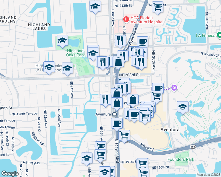 map of restaurants, bars, coffee shops, grocery stores, and more near 20160 West Dixie Highway in Miami