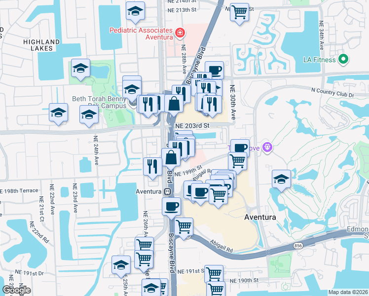 map of restaurants, bars, coffee shops, grocery stores, and more near 20099 Biscayne Boulevard in Aventura