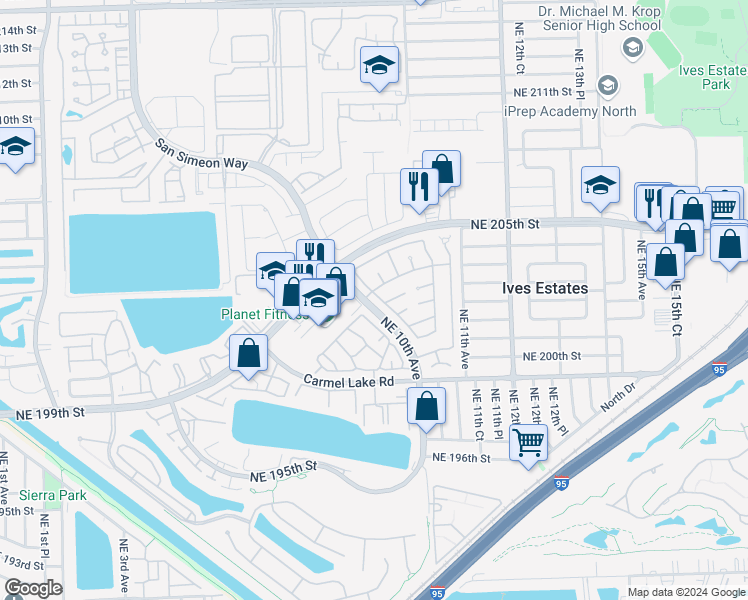 map of restaurants, bars, coffee shops, grocery stores, and more near 20346 Northeast 10th Court Road in Miami